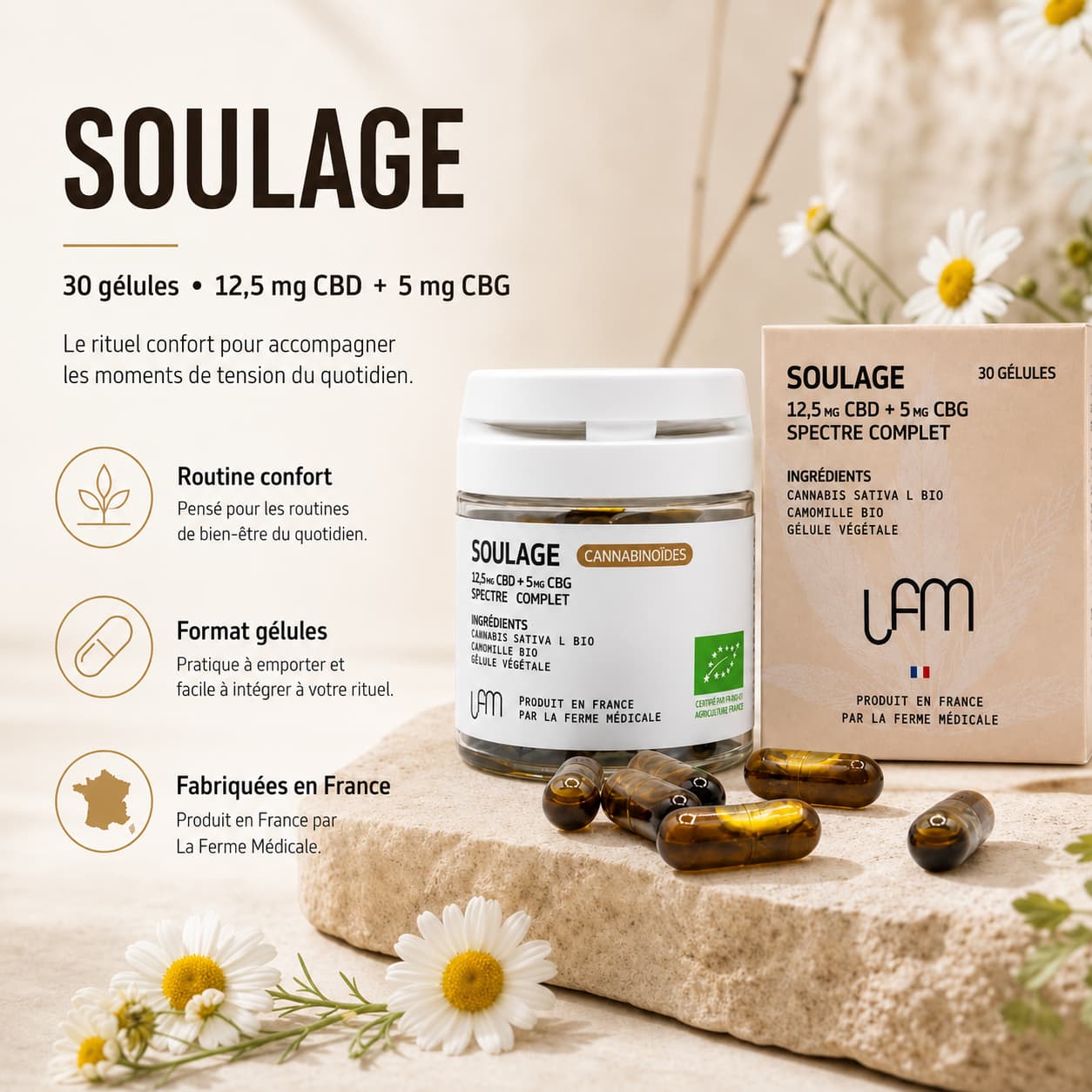 Gélule CBD | Soulage CBD + CBG + Camomille – 30 unités